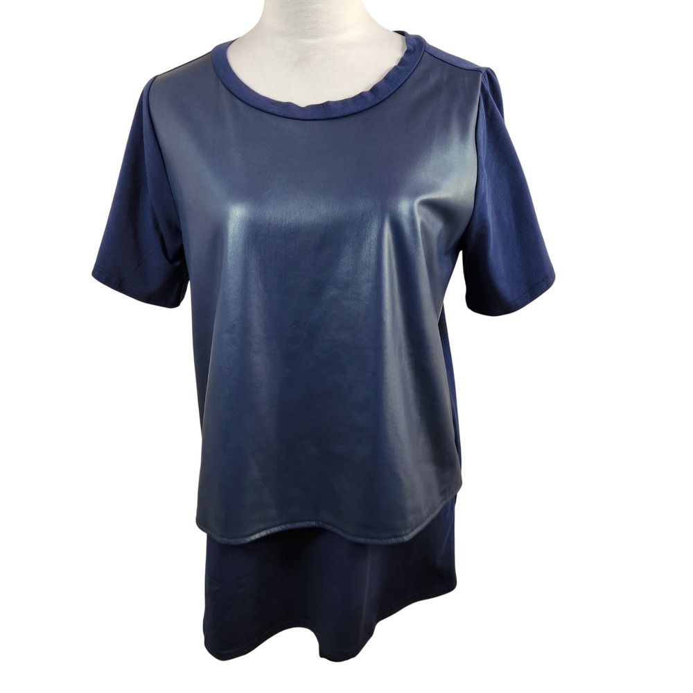 DG2 Diane Gilman Navy‎ Blue Faux Leather Front Short Sleeve Knit Top Medium NWT